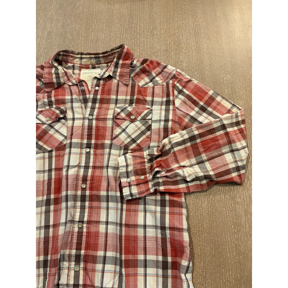Aeropostale Men's Large Red Plaid Pearl‎ Snap Western Long Sleeve Shirt
